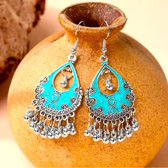 Bohemian Chic Southwest Elegance Turquoise Enamel & Silver Jhumka Ball E… - Picture 4 of 4